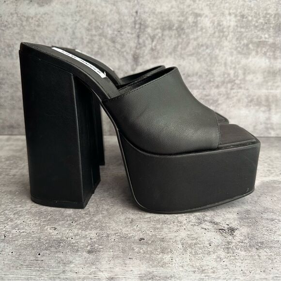 STEVE MADDEN TRIXIE BLACK LEATHER PLATFORM BLOCK HEEL SANDALS SIZE 9.5 - Picture 3 of 12
